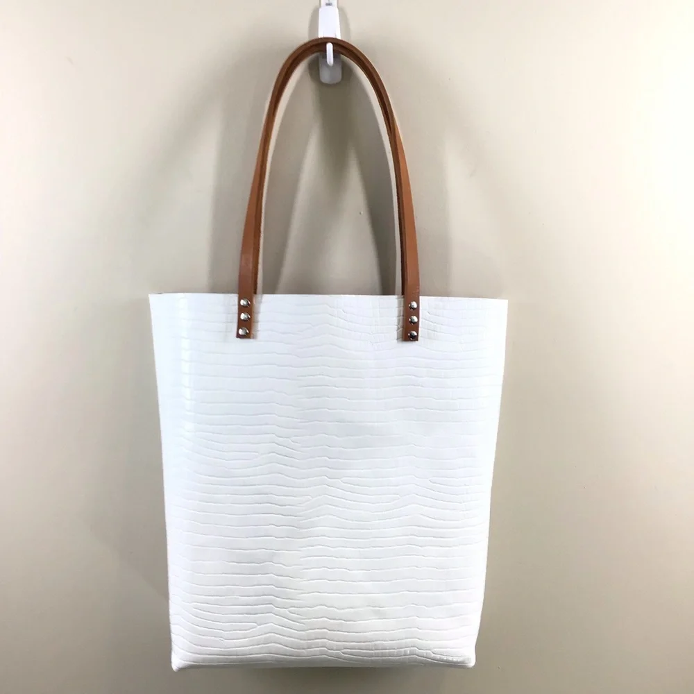 New Handmade croc embossed white leather large unlined tote shoulder handbag